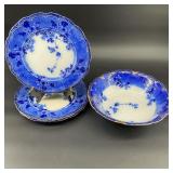 Antique Flow Blue Salad Plates & Serving Bowl