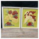 Mid Century Cinoiserie Crane Watercolor Paintings