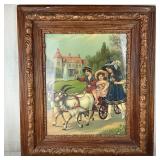 Antique German Lithograph Of Children In Goat Cart