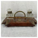 Antique English Oak Inkstand W/ Crystal Ink Wells