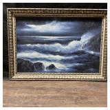 Vintage Nighttime Seascape Painting on Canvas