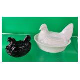 Two Vintage Milk Glass Hens On Nests