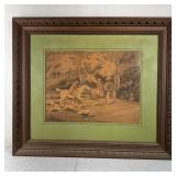 Antique Hand Colored Hunt Scene On Board