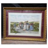 Vintage Hand Colored Lithograph 'Berry Pickers'