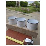 Three White Enamel Pots on Wooden Base