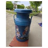 Blue Painted Milk Can with Artwork