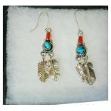 Turquoise and Coral Feather Earrings