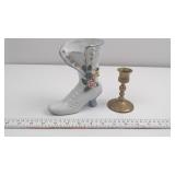 Ceramic Shoe Figurine and Brass Candlestick