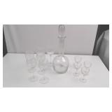 Clear Glass Decanter with Ten Stemmed Glasses