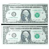 Two Sequential  Uncirculated One Dollar Bills