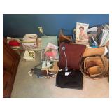 Assorted Home Decor, Postcards, Books, and Baskets
