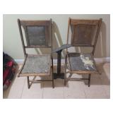 2 Vintage Wooden Folding Chais with Riveted Leather Seats and Back Cushions and Steel Cobbler's Shoe Repair Stand