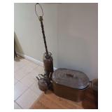 Oval Copper Coal Bucket, Tea Kettle, Vintage Curling Iron/Crimper, and Copper Fire Extinguisher Lamp Conversion