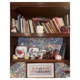 Contents of Two Shelves-Asst. Cookbooks, Picture, and Pottery