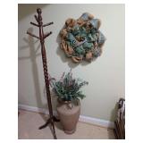 Wooden Coat Rack, Tobacca Canvas Wreath, and Large Decorative Urn