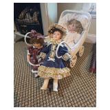 Wicker Doll Stroller and 3 Porcelain Dolls