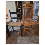 Wooden Ladderback Side Chair with Woven Rush Seat and Wooden Armchair with Woven Cane Seat and Back Panel (panel has damage)