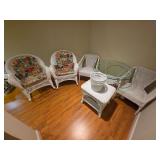 7 Piece Wicker Furniture Set - 2 Rocking Chairs, Side Table, Waste Basket, Glass Top Table (36'D) and 2 Regular Chairs