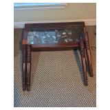 Wooden, Glass Top Display Case with Assorted Vintage Advertising Multi-Tool Money Clips with Folding Knife and Nail File (case needs to have legs reattached)