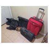 Assorted Luggage - 3 Garment Bags, Personal Item, Carry-on Bag, and Rolling Suitcase