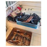 Assorted Purses, Clutches, Wooden Hangers