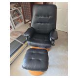 Leather Chair and Stool with Wooden Bases
