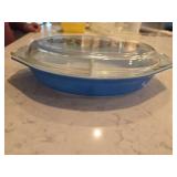 Vintage Pyrex Royal Blue 1.5 Quart Oval Divided Casserole Dish with Decorated Glass Lid