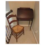 Vintage Secretary Desk and Woven Cane Seat Ladderback Chair