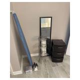 Ironing Board, Hand Steamer, Bathroom Caddy, Mirror, and Plastic Storage Container