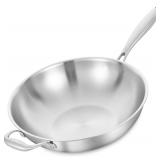 LOLYKITCH 14 Inch Tri-Ply Stainless Steel Wok, Sti