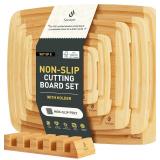 Bamboo Cutting Board Set Non Slip Feet with Holder