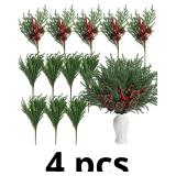 12 Pcs Christmas Pine Branches with Red Berry Pine