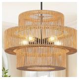 22' Boho Hand Woven Rattan Chandelier, 5-Lights Fa