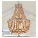 Q&S Farmhouse Wood Beaded Chandelier,Oak White 8-L