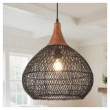 Black Rattan Pendant Light, 15.7' Rattan Chandelie