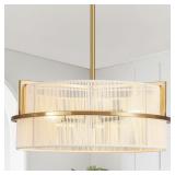 Gold Accent Drum Chandelier, Handwoven Rope Lampsh