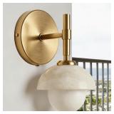 Modern Aged Brass Natural Alabaster Hand-Carved Wa