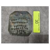 STAMPED 1852 'CHARLESTON CARPENTER' METAL TAG
