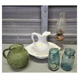 LOT OF ASST. CANNING JARS, OIL LAMP & PICTURES