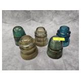 LOT OF 5- VINTAGE GLASS INSULATORS
