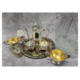 LOT W/ SILVERPLATE TEA SET, GLASS & MORE
