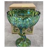 7' VINTAGE INDIANA GREEN CARNIVAL GLASS COMPOTE