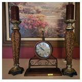 LOT W/ SWINGING CLOCK & 20' PILLAR CANDLE STANDS