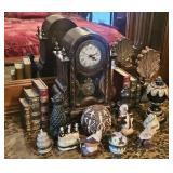 LOT OF ASST. CARVED FIGURES, CLOCK & TRINKET BOXES