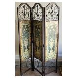 3- PANEL METAL & WOOD PAINTED SCREEN