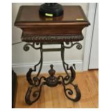 27' MAHOGANY W/ METAL SCROLL BASE LAMP TABLE