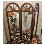 LARGE MAHOGANY 3-PANEL BEVELED GLASS MIRROR