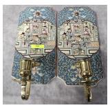TWO- 12' ORIENTAL PORCELAIN & BRASS CANDLE SCONCES