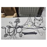 3- WROUGHT IRON CANDLE STANDS & CHAIR PLANTER
