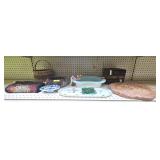 SHELF LOT OF ASST. BASKETS, BOXES, GLASS & MORE